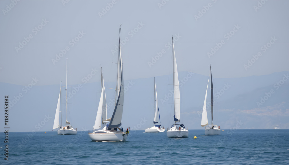 Obraz premium boats sail regatta with sailboats in mediterranean, simple style. isolated with white highlights