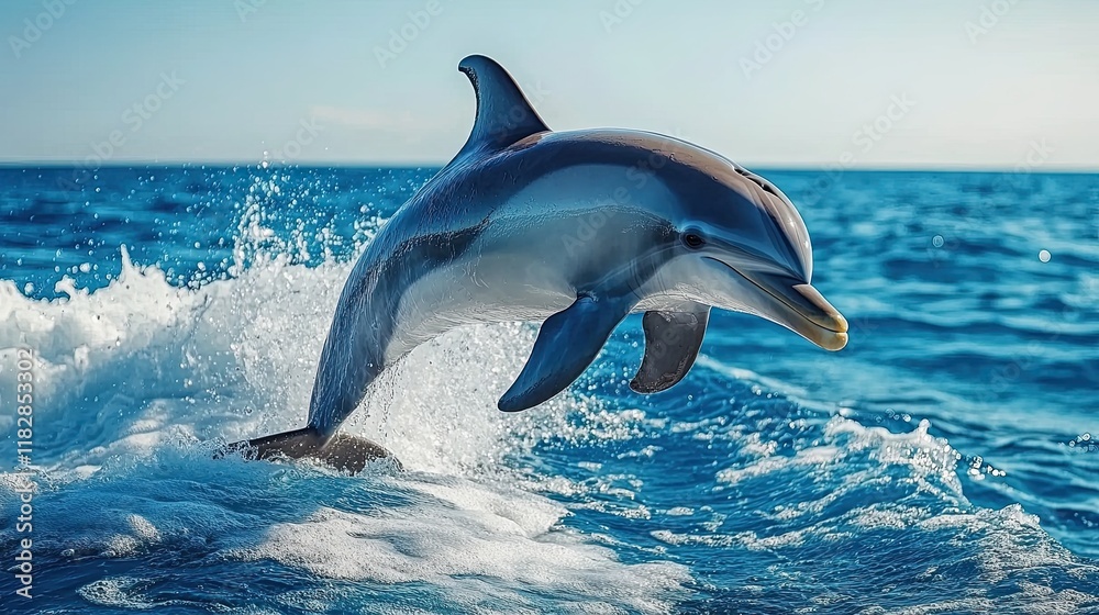 Fototapeta premium Dolphin jumps gracefully above sparkling ocean waves during sunny midday in a tropical setting