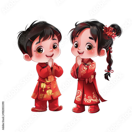 A happy cartoon couple dressed in traditional Chinese wedding attire.