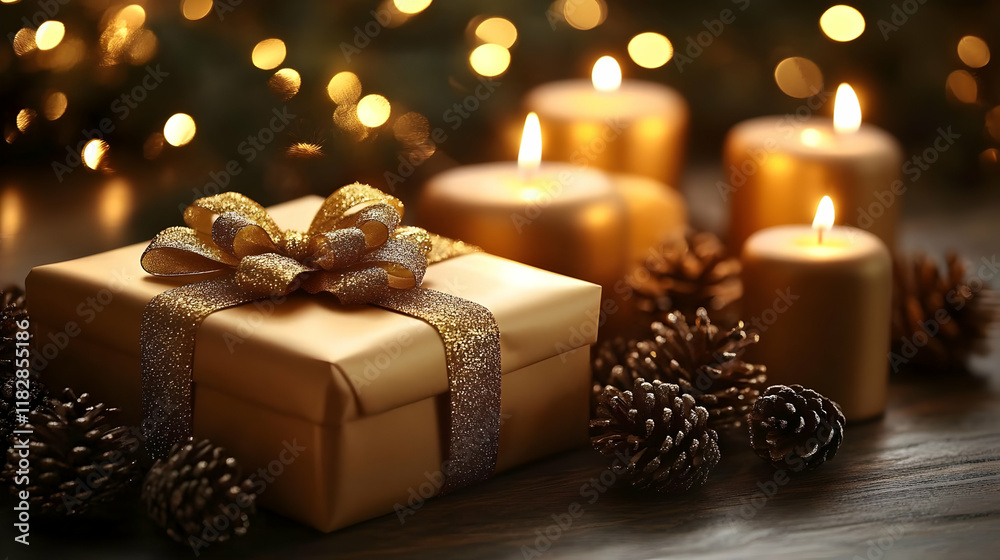 Golden Gift Box with Bow Sits Amidst Lit Candles and Pine Cones on a Rustic Wooden Table. Golden Gift Box with Bow Sits Amidst Lit Candles and Pine Cones on a Rustic Wooden Table.