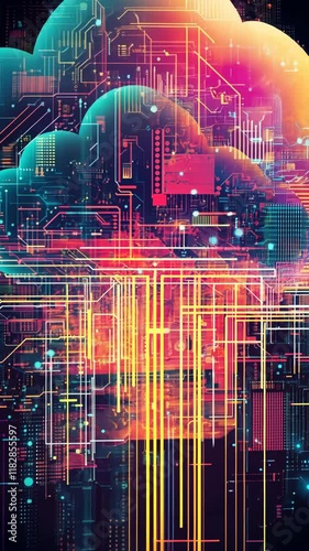 Wallpaper Mural Digital cloud technology visualizes advanced data processing and connectivity in a vibrant, abstract design Torontodigital.ca