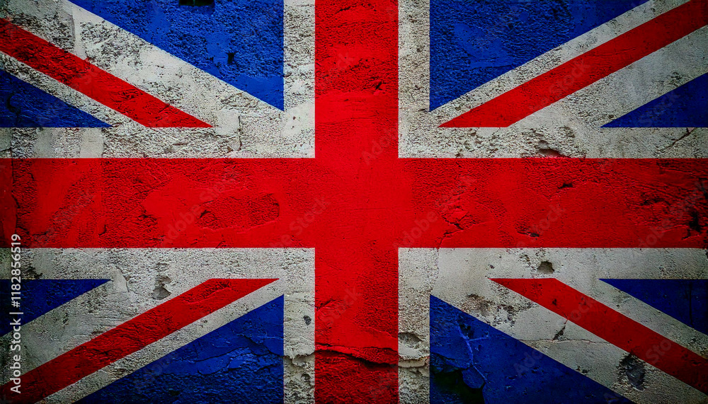 Fototapeta premium Weathered Union Jack Flag,A weathered Union Jack flag with a cracked and textured surface.