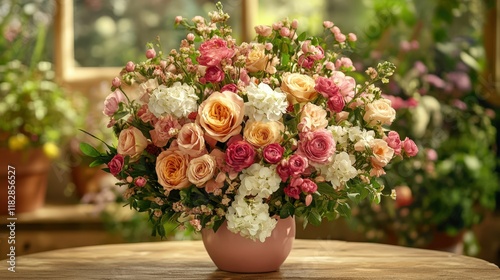 A vibrant vase filled with colorful flowers radiates love and warmth, setting a romantic ambiance in a cozy room perfect for Valentine's Day.