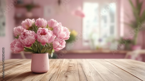A charming vase brimming with delicate pink flowers rests gracefully atop a rustic wooden table, radiating love and warmth perfect for Valentine's Day.