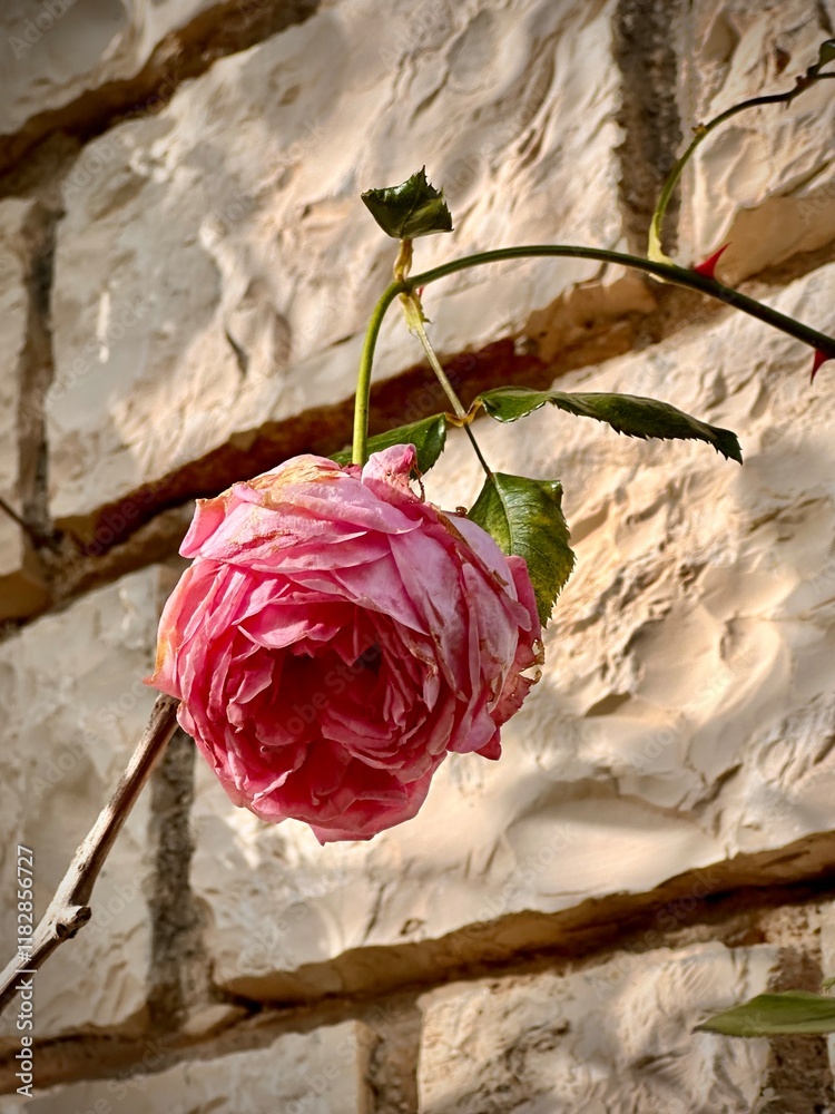 A pink rose in frond of a stone wall A pink rose in frond of a stone wall