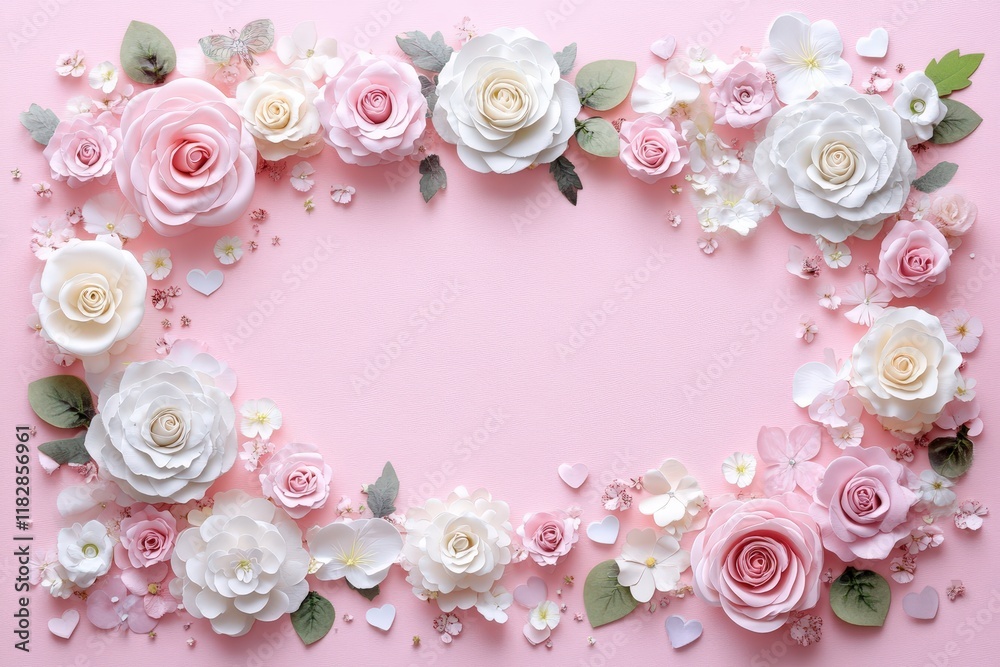 A whimsical pink backdrop adorned with delicate paper flowers and lush leaves, creating a romantic setting perfect for Valentine's Day celebrations. A whimsical pink backdrop adorned with delicate paper flowers and lush leaves, creating a romantic setting perfect for Valentine's Day celebrations.