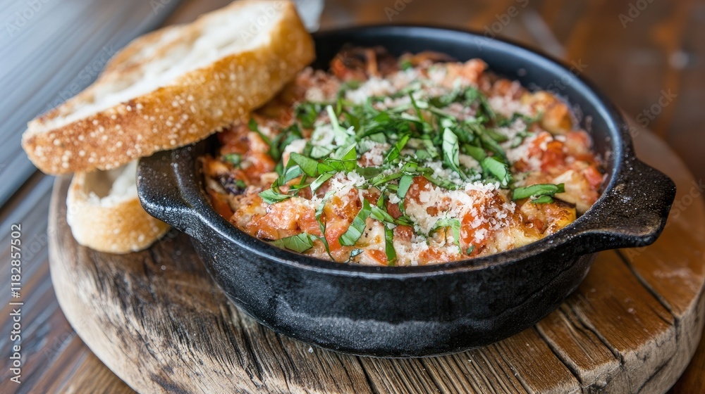 Rustic baking dish of eggplant Parmesan, topped with fresh herbs and grated Parmesan, ready to serve on a wooden table with garlic bread. Rustic baking dish of eggplant Parmesan, topped with fresh herbs and grated Parmesan, ready to serve on a wooden table with garlic bread.