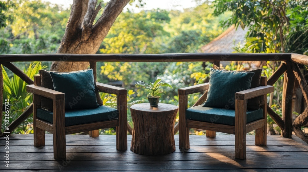 Two cozy wooden chairs with comfortable cushions facing a small table, set on a resort balcony overlooking tropical greenery. Two cozy wooden chairs with comfortable cushions facing a small table, set on a resort balcony overlooking tropical greenery.