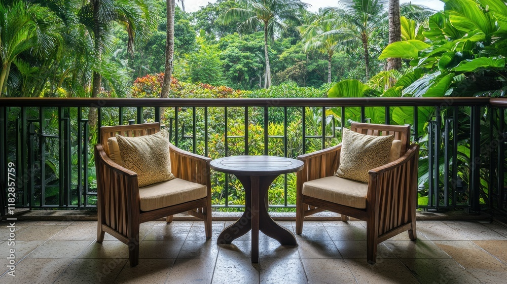 Two cozy wooden chairs with comfortable cushions facing a small table, set on a resort balcony overlooking tropical greenery. Two cozy wooden chairs with comfortable cushions facing a small table, set on a resort balcony overlooking tropical greenery.