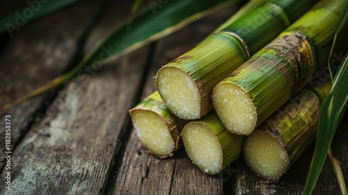 Sweet Harvest:  Close-up of Fresh Sugarcane Stalks on Rustic Wood
