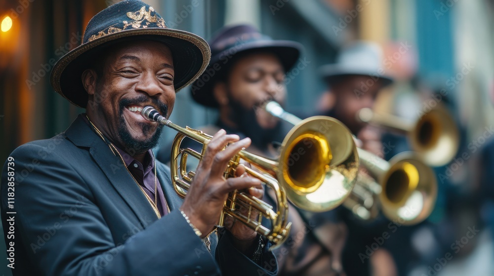 Obraz premium A group of enthusiastic musicians plays lively jazz music on the streets during Mardi Gras