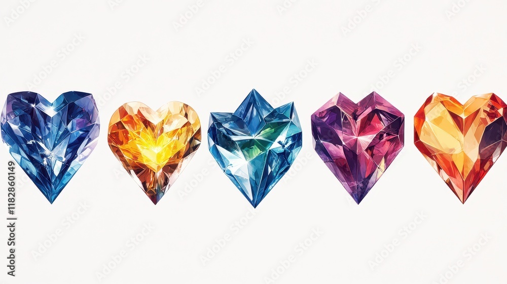 Five vibrant crystal hearts in blue, gold, teal, purple, and orange hues. Ideal for jewelry, game assets, or romantic design elements. Five vibrant crystal hearts in blue, gold, teal, purple, and orange hues. Ideal for jewelry, game assets, or romantic design elements.