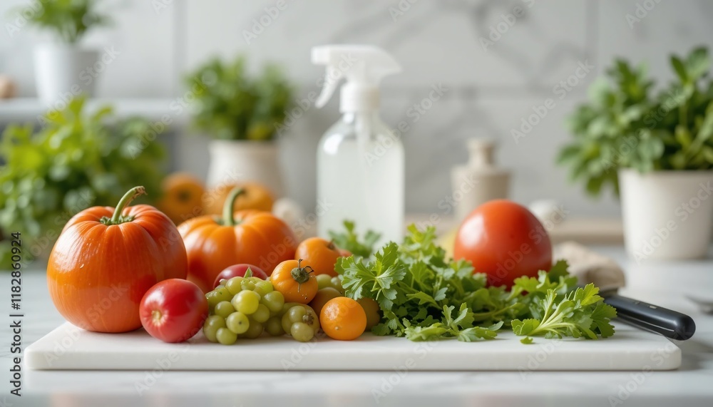 Fresh Autumn Harvest Pumpkins Tomatoes Grapes Parsley on White Cutting Board Fresh Autumn Harvest Pumpkins Tomatoes Grapes Parsley on White Cutting Board