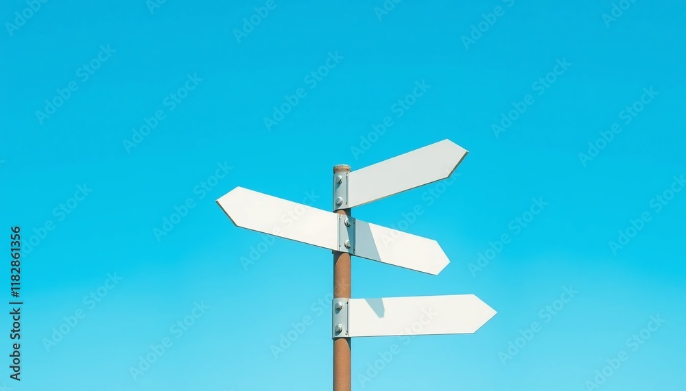 Blank Directional Signpost Against Clear Blue Sky Four Arrows Wayfinding Multiple Choices Blank Directional Signpost Against Clear Blue Sky Four Arrows Wayfinding Multiple Choices