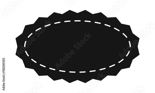 Black oval shape with zigzag borders and stitch line. Empty price, discount, sale offer, coupon, promo code tag. Speech bubble, message or text box template. Vector graphic illustration.