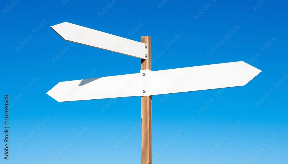 Blank White Directional Signpost Against a Vivid Blue Sky Choice Decision Direction Wayfinding Blank White Directional Signpost Against a Vivid Blue Sky Choice Decision Direction Wayfinding