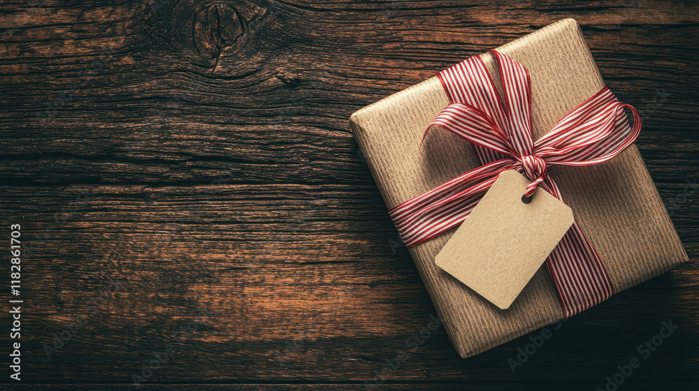 Fototapeta premium A beautifully wrapped gift box with classic red and white ribbon, perfect for special occasions