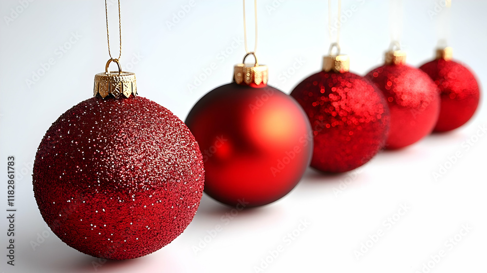 Five Red Christmas Ornaments Hang Elegantly Against a White Background Five Red Christmas Ornaments Hang Elegantly Against a White Background