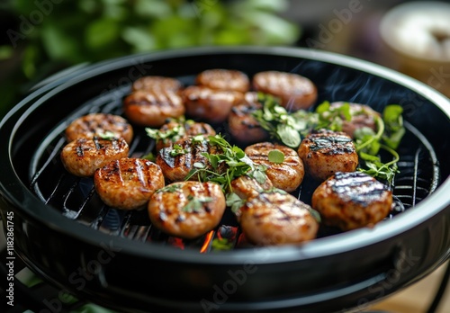 Grilled Sausages and Fresh Herbs on a Charcoal Barbecue Grill Surrounded by Lush Greenery, Perfect for Summer BBQ Gatherings and Outdoor Cooking