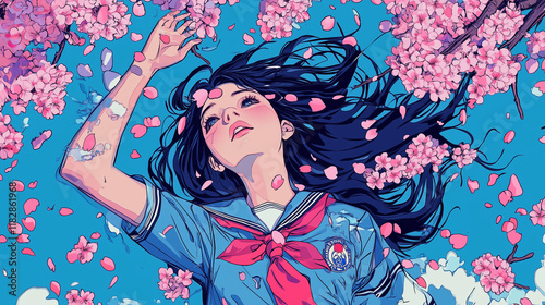 春の桜の美しい絶景に女子高生が写る青春のイラスト