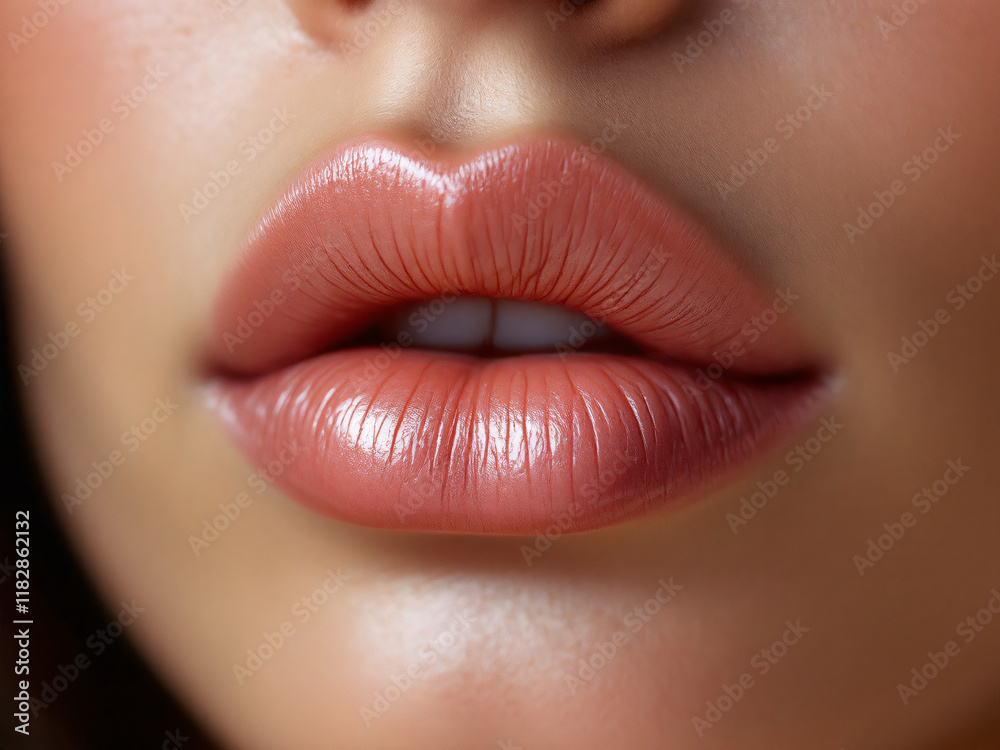 Close-up of glossy pink lips with smooth, shiny texture, exuding natural beauty and allure. Close-up of glossy pink lips with smooth, shiny texture, exuding natural beauty and allure.