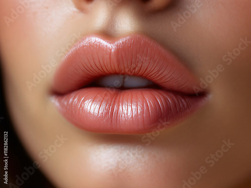 Close-up of glossy pink lips with smooth, shiny texture, exuding natural beauty and allure.