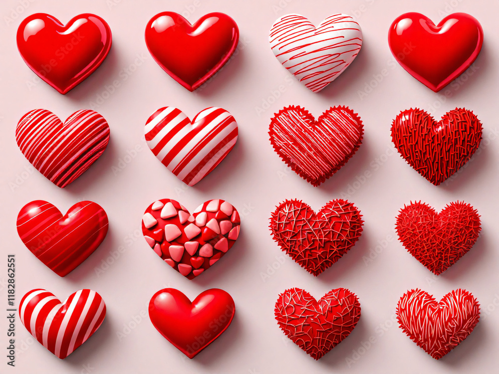 Diverse collection of red hearts in various textures and styles, symbolizing love and creativity. Diverse collection of red hearts in various textures and styles, symbolizing love and creativity.