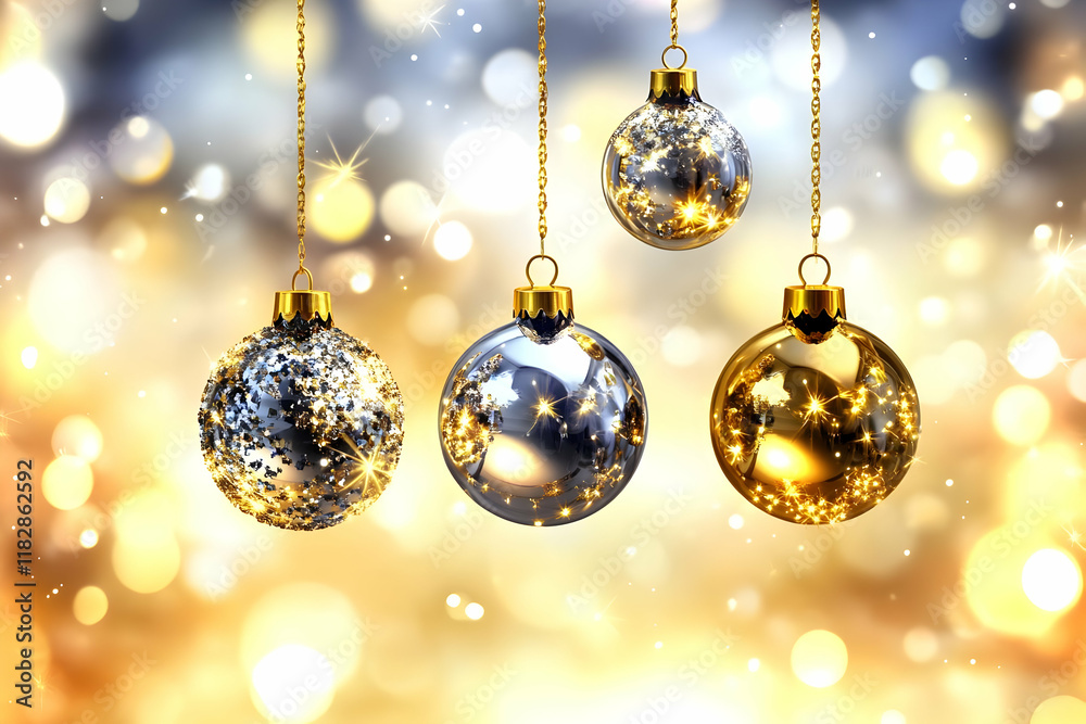 Shiny Christmas Ornaments Hanging Elegantly with Golden Chains on a Festive Background. Shiny Christmas Ornaments Hanging Elegantly with Golden Chains on a Festive Background.