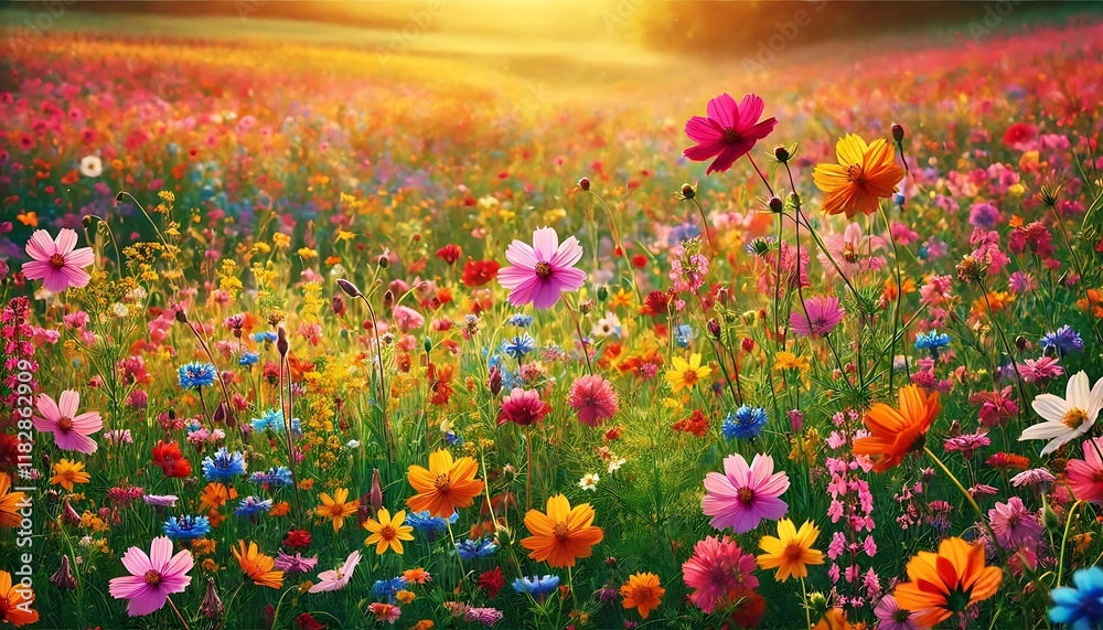 Obraz premium vibrant field of wildflowers, with bright blossoms scattered across a grassy landscape, creating a serene background. Generative AI