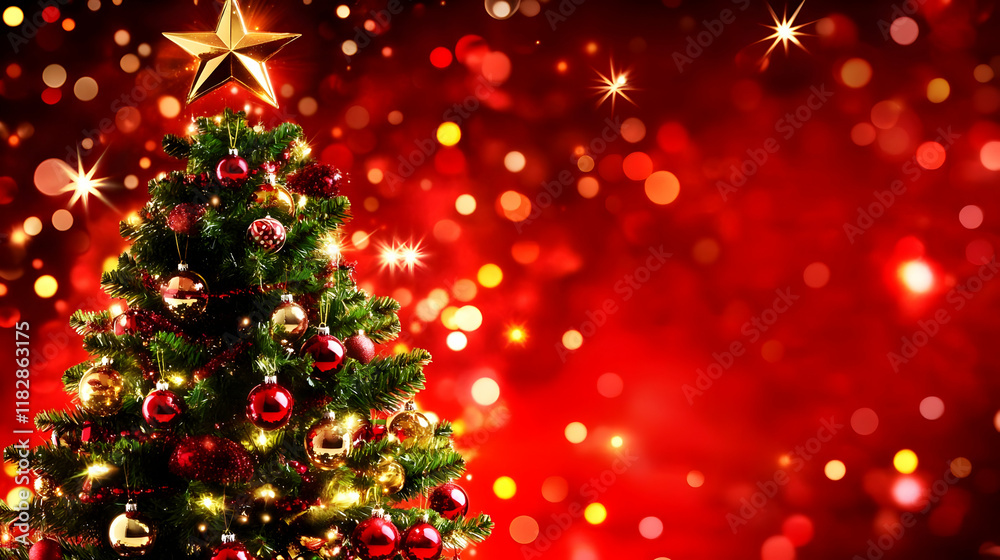 Christmas Tree Decorated with Ornaments and Lights Against a Red Background with bokeh beautifully
