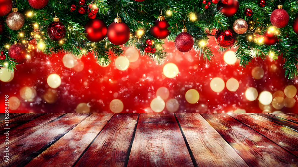 Christmas ornaments and lights decorate a fir tree branch over a rustic wooden table with a festive red bokeh background.