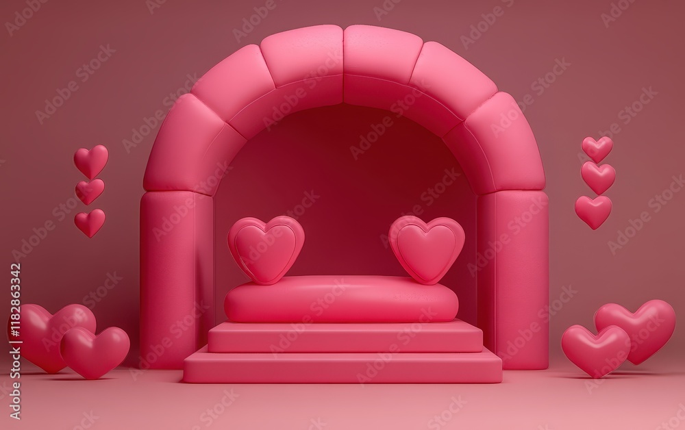 A whimsical pink chair adorned with floating hearts, embodying the spirit of love and romance, perfect for a dreamy Valentine's Day setting. A whimsical pink chair adorned with floating hearts, embodying the spirit of love and romance, perfect for a dreamy Valentine's Day setting.
