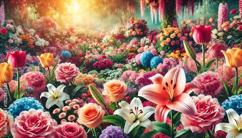 Wallpaper Mural beautiful flower garden with an assortment of tulips, roses, and lilies as a colorful background Torontodigital.ca