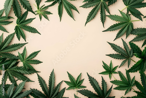 Green Cannabis Leaves Frame a Beige Background Creating Space for Text or Design Elements.