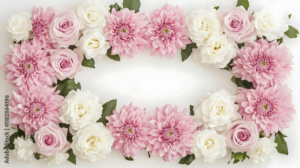 Pink and White Dahlias and Roses Frame a Blank Space Elegantly on a White Background. Pink and White Dahlias and Roses Frame a Blank Space Elegantly on a White Background.