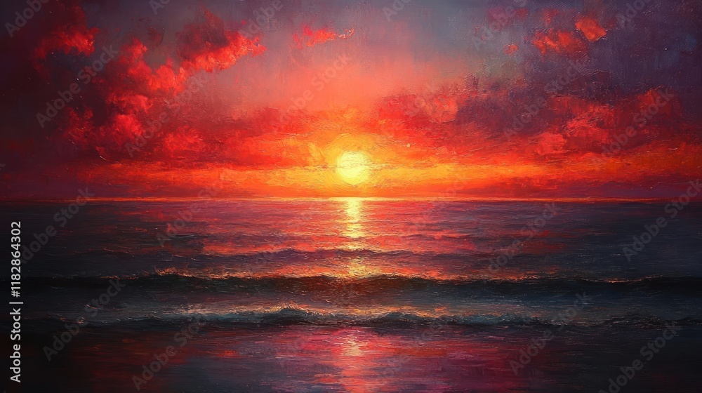 Dramatic Sunset Over Calm Ocean with Fiery Red Sky and Swirling Clouds Reflecting in Water