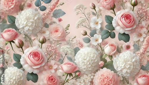 pastel pink and white floral background featuring roses, peonies, and hydrangeas for a soft, romantic atmosphere