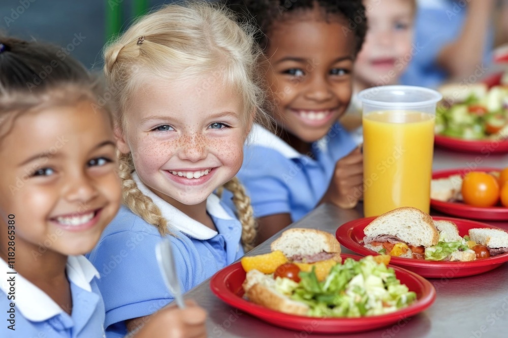 Children happily share a nutritious breakfast at school, showcasing diverse foods on their plates while celebrating National School Breakfast Week. Laughter and smiles highlight their bonding Children happily share a nutritious breakfast at school, showcasing diverse foods on their plates while celebrating National School Breakfast Week. Laughter and smiles highlight their bonding