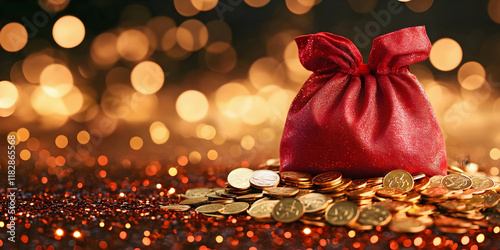 christmas and new year chinese bag with golden coins, ai generated. photo