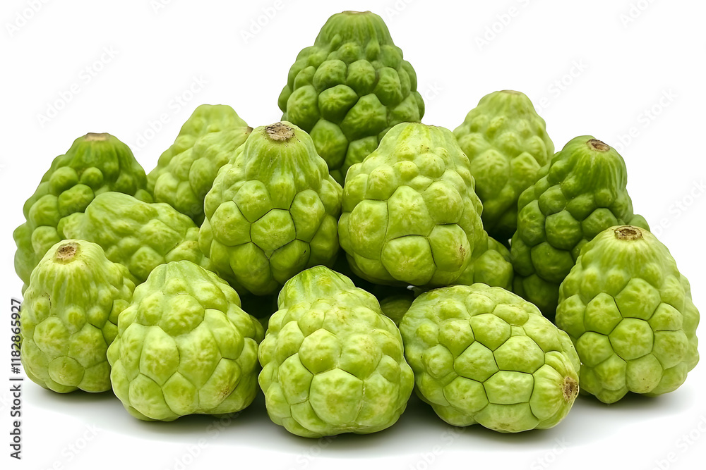 Pile of Fresh Green Custard Apples Forms a Bumpy, Textured Mound on a White Background. Pile of Fresh Green Custard Apples Forms a Bumpy, Textured Mound on a White Background.