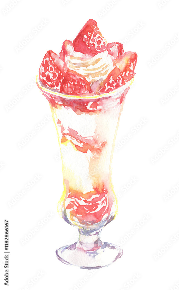 苺がたくさんのフルーツパフェの水彩イラスト 苺がたくさんのフルーツパフェの水彩イラスト