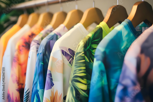 Colorful Floral Print Shirts Hanging on Wooden Hangers in a Fashion Retail Store Display