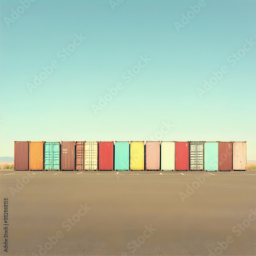 Colorful Shipping Containers Stand in a Row on Asphalt Under a Clear Sky photo