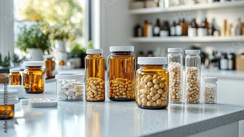 Collection of various medicine containers on a modern countertop in a bright pharmacy setting