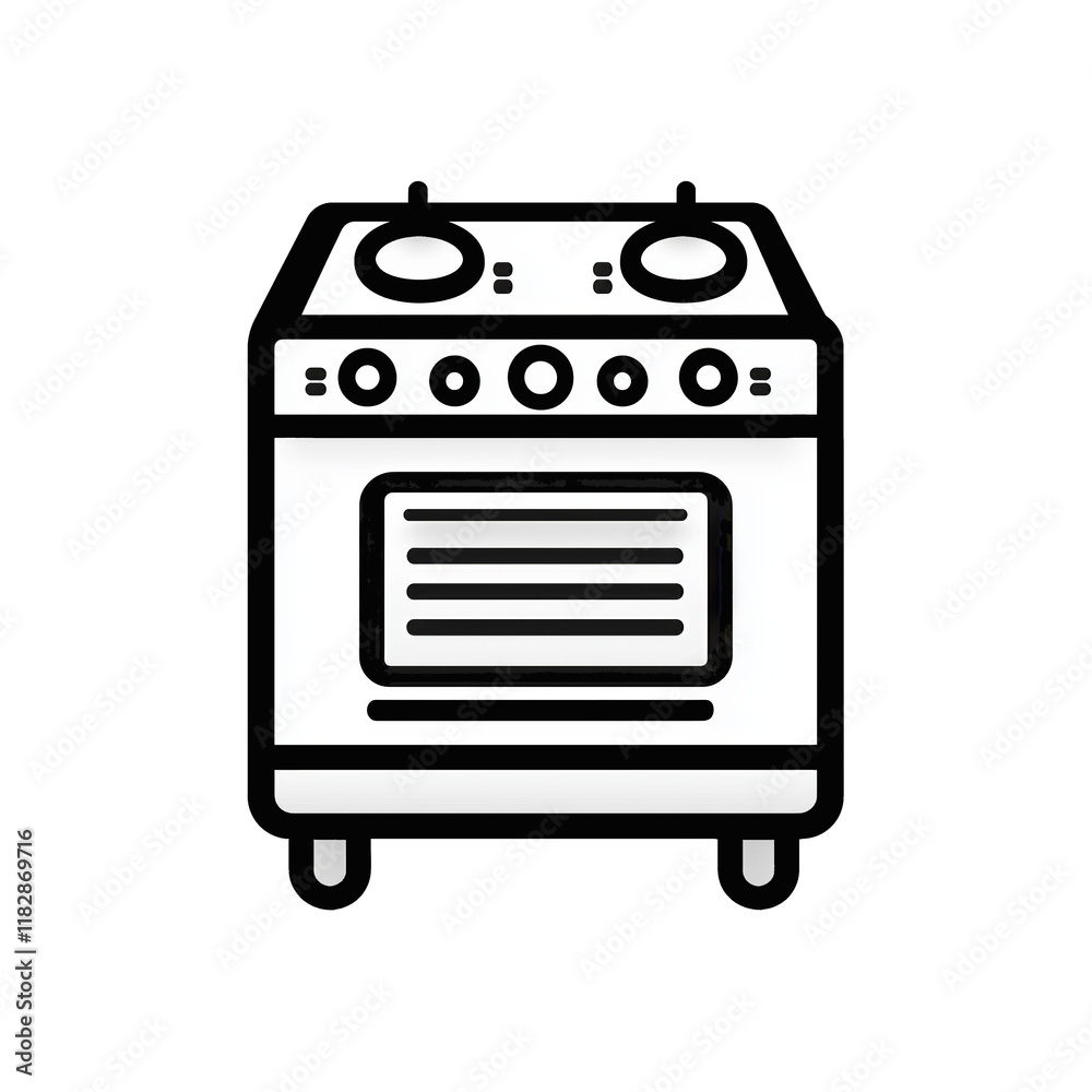 Fototapeta premium PNG cut out isolated background. A simple black-and-white illustration of a modern oven with stovetop burners, featuring a flat and clean design.