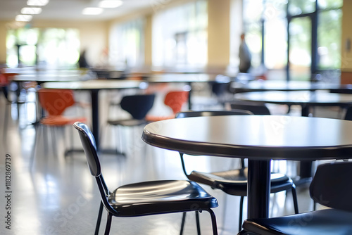 Empty Tables and Chairs Fill a Brightly Lit Cafeteria with Large Windows Blurry Background