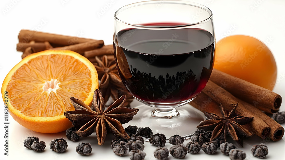 Red Wine with Aromatic Spices, Orange Slice, and Cinnamon Sticks Beautifully Arranged Red Wine with Aromatic Spices, Orange Slice, and Cinnamon Sticks Beautifully Arranged