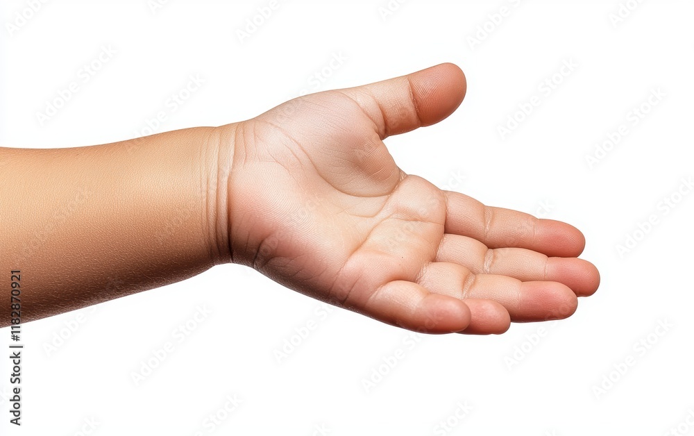 A childs hand with chubby fingers pointing upward, isolated on a clean white background A childs hand with chubby fingers pointing upward, isolated on a clean white background