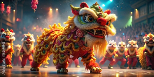 A rotoscoped, high-depth-of-field digital art piece depicting a dynamic Chinese lion dance during Chinese New Year. photo