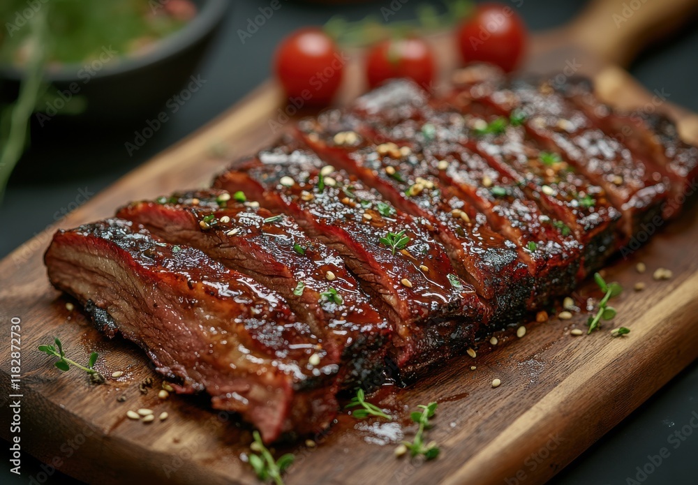 Juicy Barbecue Brisket with Beautiful Glaze Served on a Wooden Cutting Board Surrounded by Fresh Herbs and Cherry Tomatoes Juicy Barbecue Brisket with Beautiful Glaze Served on a Wooden Cutting Board Surrounded by Fresh Herbs and Cherry Tomatoes